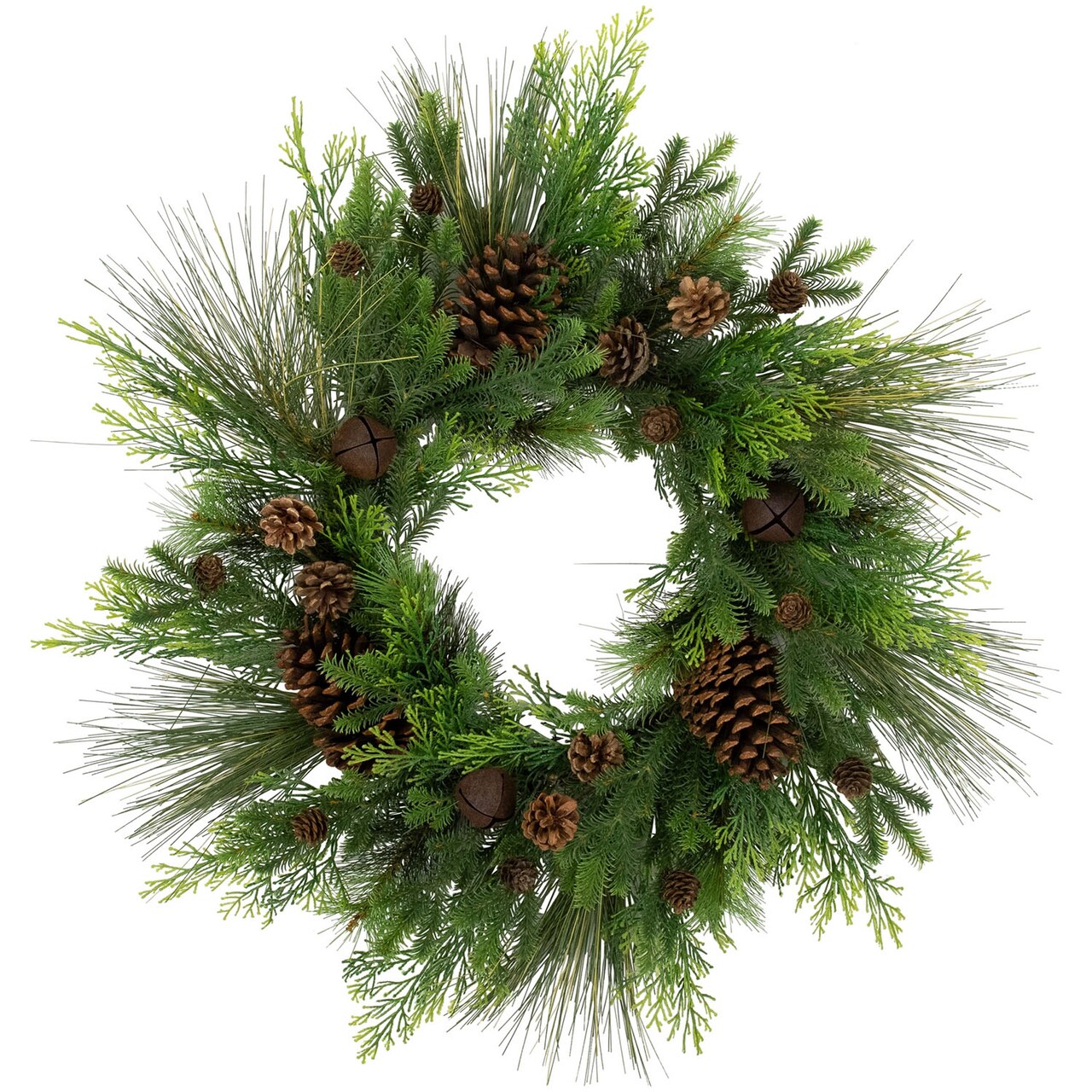 Real Touch Pinecones and Jingle Bells Artificial Christmas Wreath 26 Inch